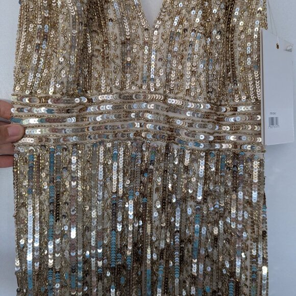 Mac Duggal Embellished Sequined Halter Strap Trumpet Gown Gold Nude Size 2 NWT - Picture 12 of 14